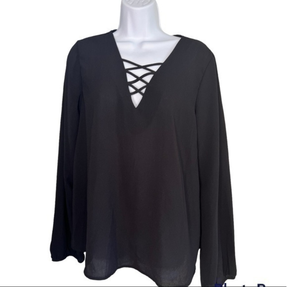 Estelle black long sleeve criss cross neck blouse